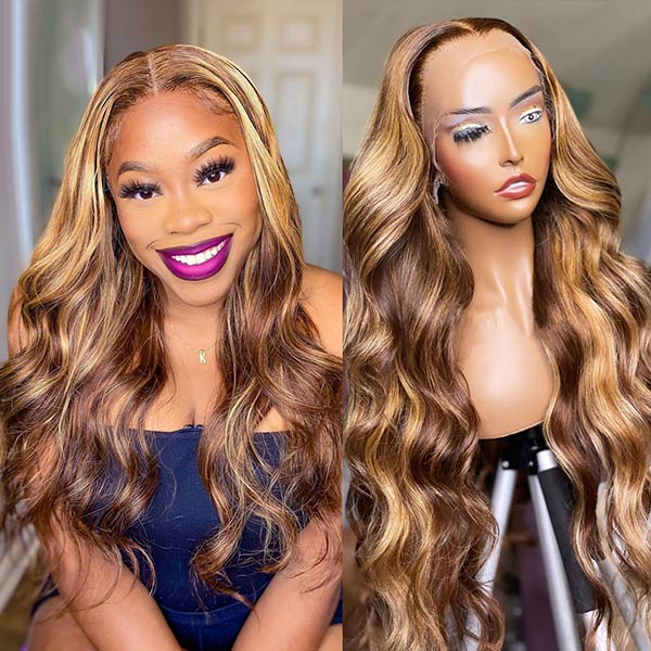 Highlight Honey Blonde Wig 4x4 HD Lace Closure Wig Body Wave Lace Front Wigs 250 Density