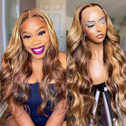 Highlight Honey Blonde Wig 4x4 HD Lace Closure Wig Body Wave Lace Front Wigs 250 Density