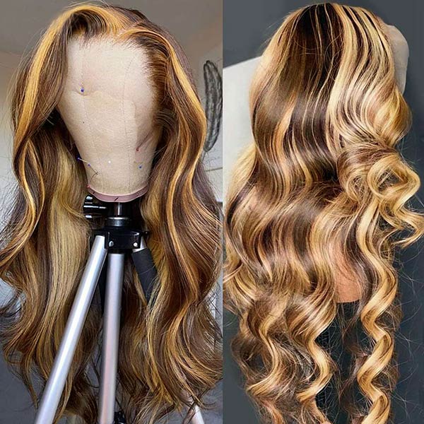 Highlight Honey Blonde Wig 4x4 HD Lace Closure Wig Body Wave Lace Front Wigs 250 Density