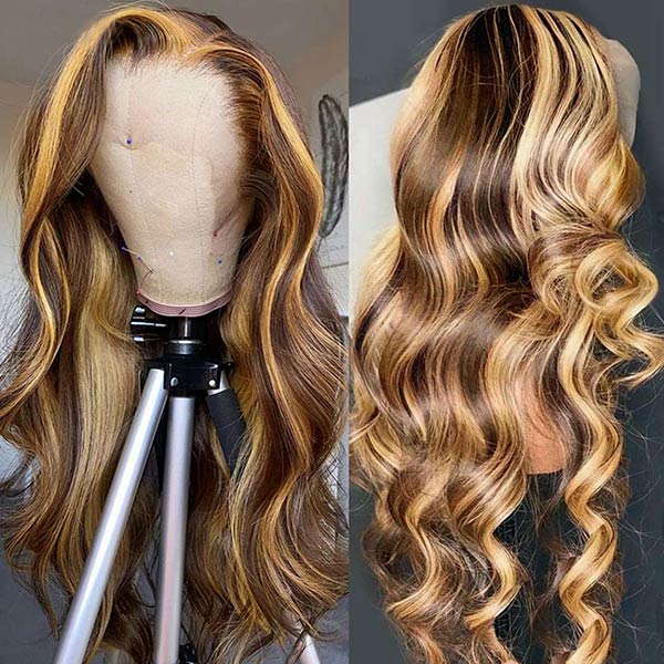 Highlight Body Wave Lace Closure Wig 4x4 HD Lace Wig Invisible Human Hair Wigs Body Wave Glueless Wig