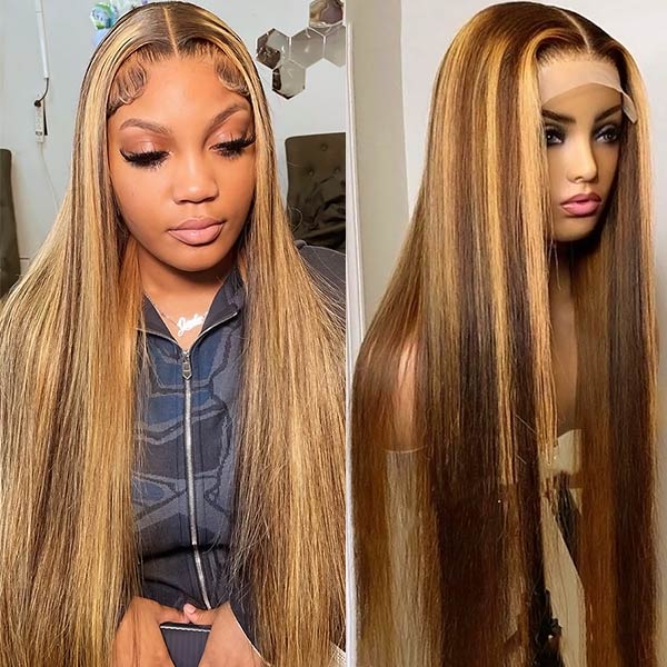 Glueless Lace Closure Wig Straight Human Hair Wig Honey Blonde Highlight 4x4 Lace Closure Wigs