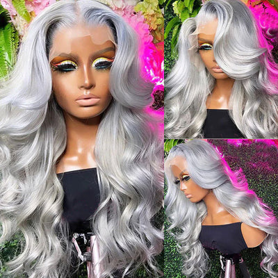 13x4 Body Wave Wig Silver Color 100% Transparent HD Lace Human Hair Wigs Glueless Body Wave Wigs