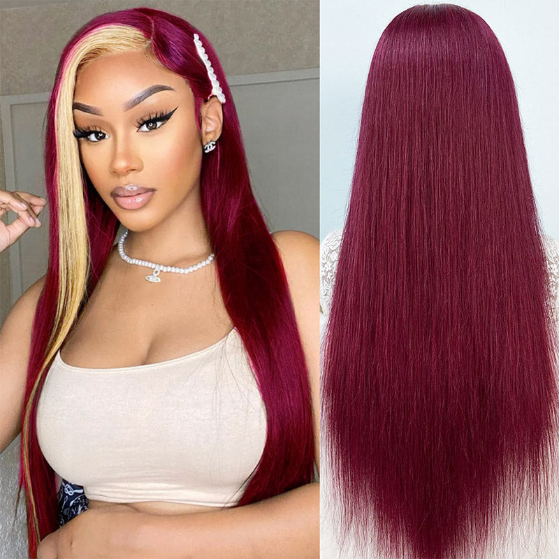 13x4 Lace Front Wig 99J Burgundy Blonde Human Hair Wigs Straight Lace Frontal Wig Glueless Straight Clorful Wigs