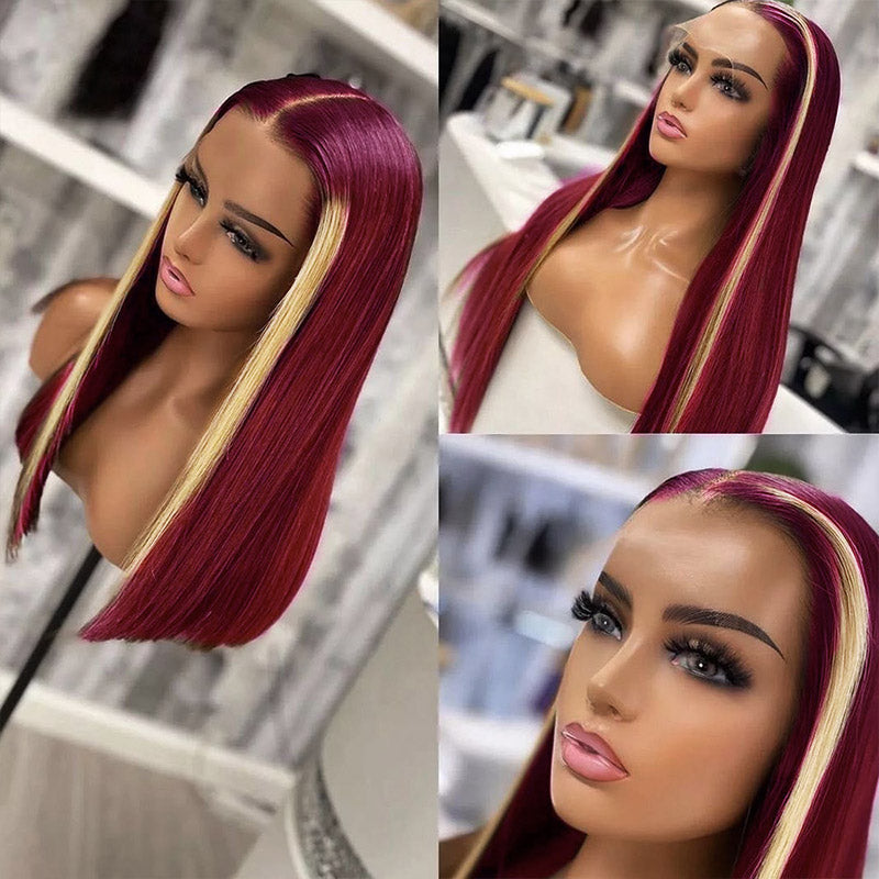 13x4 Lace Front Wig 99J Burgundy Blonde Human Hair Wigs Straight Lace Frontal Wig Glueless Straight Clorful Wigs