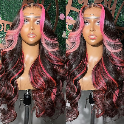 Glueless Body Wave Human Hair Wigs Highlight 1B/Pink Color 13x4 Body Wave Lace Front Wig