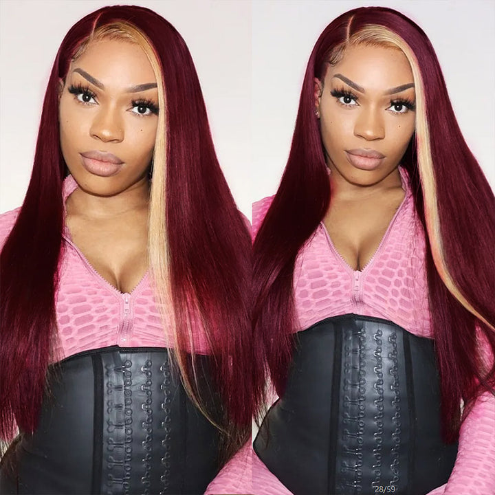 13x4 Lace Front Wig 99J Burgundy Blonde Human Hair Wigs Straight Lace Frontal Wig Glueless Straight Clorful Wigs