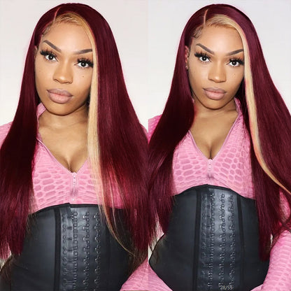 13x4 Lace Front Wig 99J Burgundy Blonde Human Hair Wigs Straight Lace Frontal Wig Glueless Straight Clorful Wigs