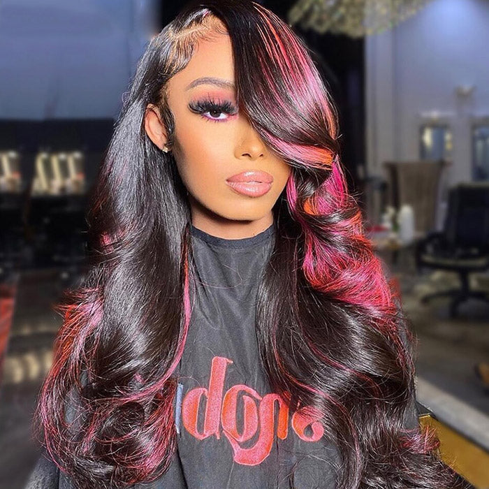 Glueless Body Wave Human Hair Wigs Highlight 1B/Pink Color 13x4 Body Wave Lace Front Wig