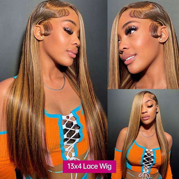 Glueless Wig Highlight P4/27 Straight Lace Front Wig Honey Blonde 13x4 Human Hair Wigs