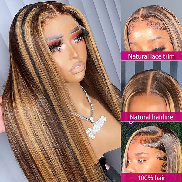 Glueless Highlight Straight Lace Closure Wig 4x4 HD Lace Front Wig Honey Blonde Brown Color Wigs