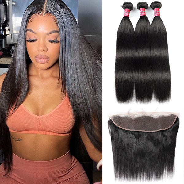 3 Bundles with Frontal Closure Brazilian Straight Hair with 13x4 Lace Front Closure