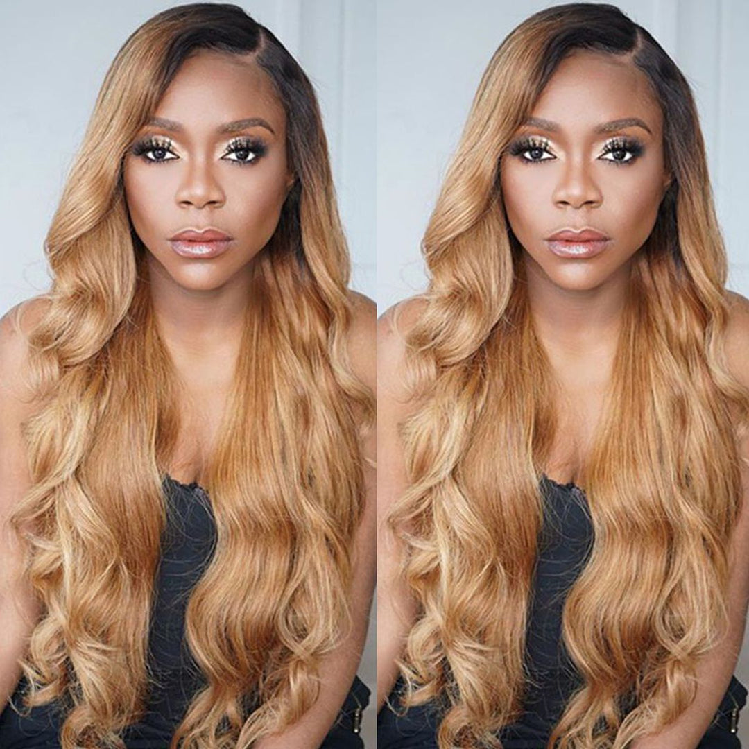 Honey Blonde 1B/27 Body Wave Lace Front Wig Ombre Full Lace Human Hair Wig Colored Frontal Wigs