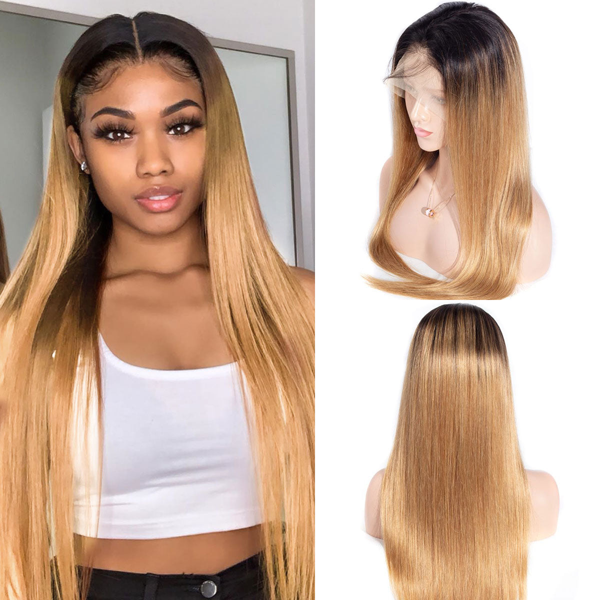 1B/27 Ombre Color Straight 13x4 Lace Front Human Hair Wigs Honey Blonde Color with Dark Roots