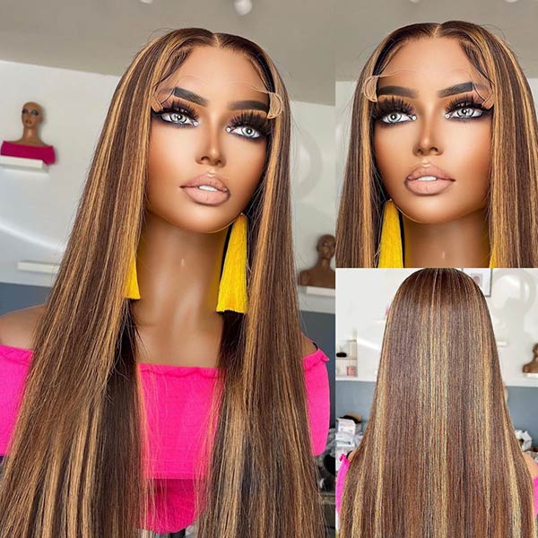 Glueless Highlight Straight Lace Closure Wig 4x4 HD Lace Front Wig Honey Blonde Brown Color Wigs