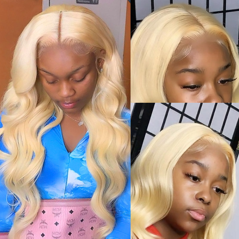 Honey Blonde Human Hair Wigs Body Wave Wigs T Part Lace Wigs Pre-Cut Lace Friendly For Beginner