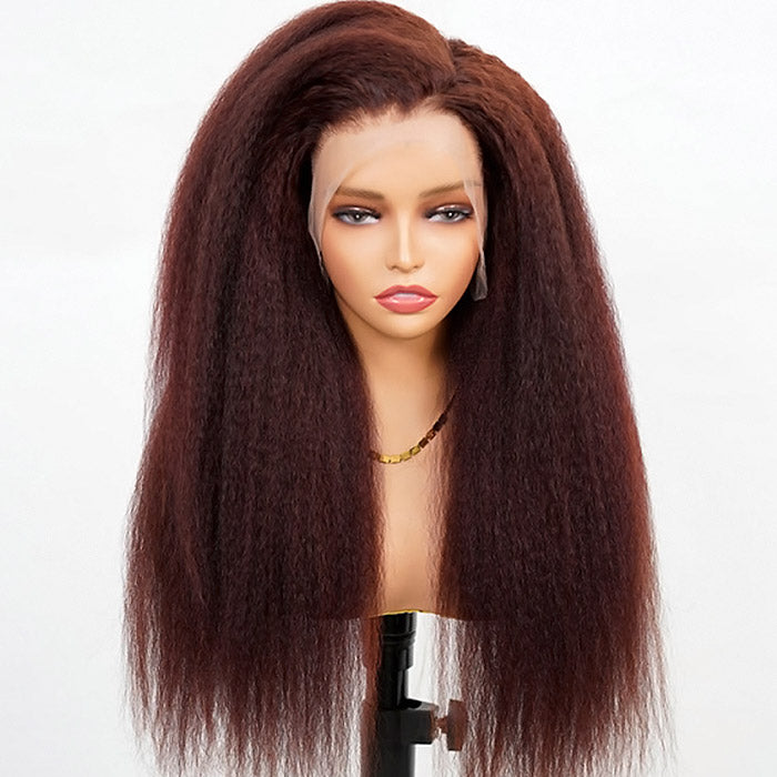 Kinky Straight Lace Front Wig Undetetable 13x4 HD Lace Wigs Reddish Brown Color