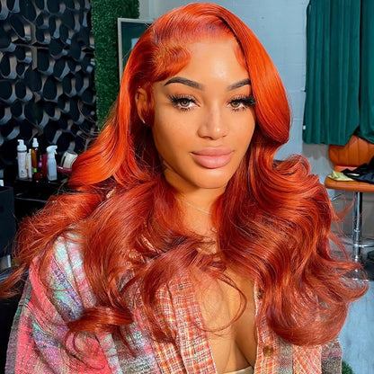 13x4 Ginger Orange Body Wave Lace Front Wig Short Bob Wig 14 Inch Barrel Curls Wig Glueless Human Hair Wig