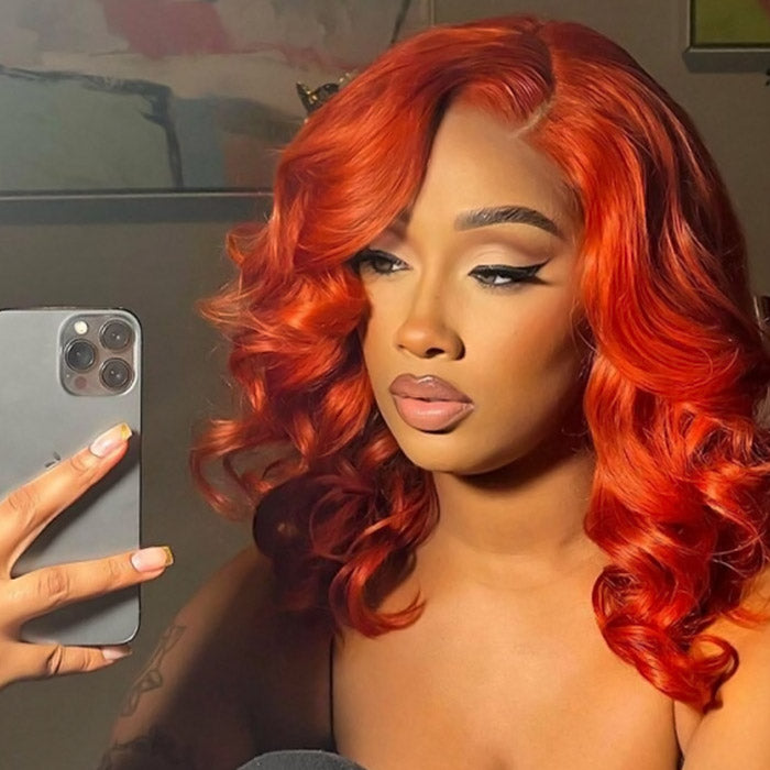 13x4 Ginger Orange Body Wave Lace Front Wig Short Bob Wig 14 Inch Barrel Curls Wig Glueless Human Hair Wig