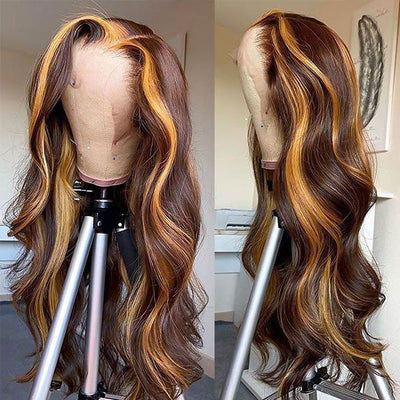 Highlight Honey Blonde Wig 4x4 HD Lace Closure Wig Body Wave Lace Front Wigs 250 Density