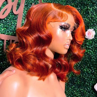 13x4 Ginger Orange Body Wave Lace Front Wig Short Bob Wig 14 Inch Barrel Curls Wig Glueless Human Hair Wig