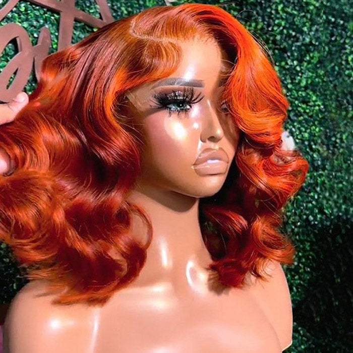 13x4 Ginger Orange Body Wave Lace Front Wig Short Bob Wig 14 Inch Barrel Curls Wig Glueless Human Hair Wig