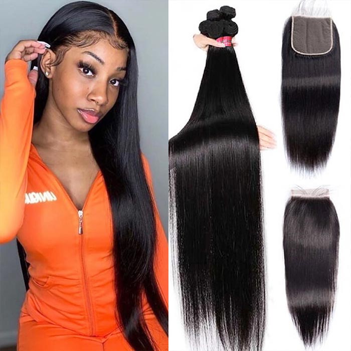 Straight Human Hair Bundles with Closure Brazilian Straight Hair 3 Bundles with 4x4 Lace Closure