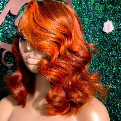 13x4 Ginger Orange Body Wave Lace Front Wig Short Bob Wig 14 Inch Barrel Curls Wig Glueless Human Hair Wig