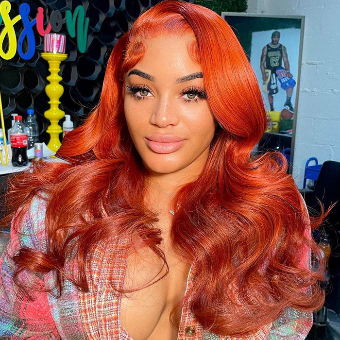 13x4 Ginger Orange Body Wave Lace Front Wig Short Bob Wig 14 Inch Barrel Curls Wig Glueless Human Hair Wig