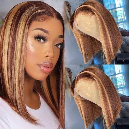 Honey Blonde Highlights Short Bob Lace Wig Straight Hair Glueless Human Hair Bob Wigs Pre Plucked