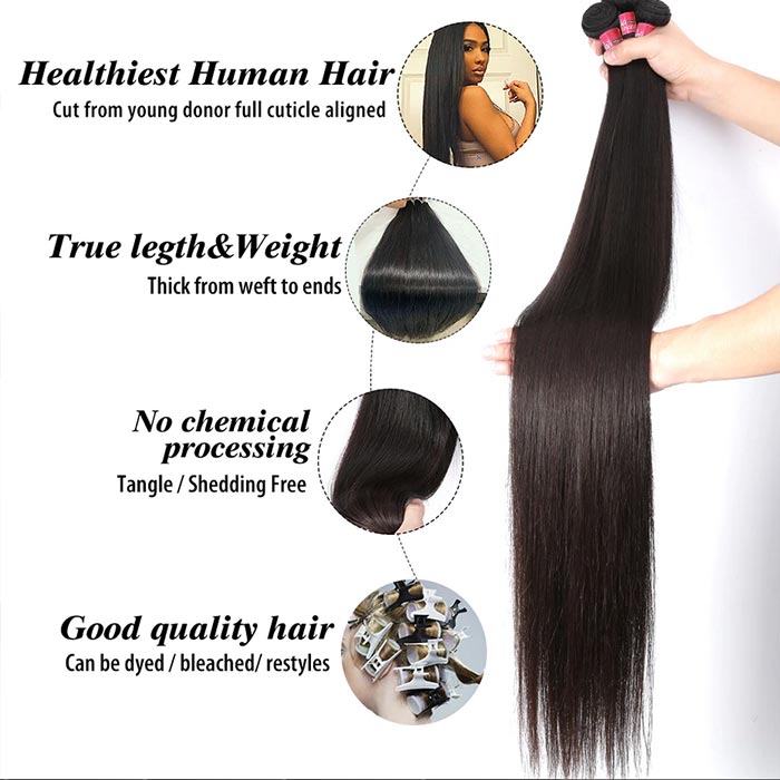 Straight Human Hair Bundles with Closure Brazilian Straight Hair 3 Bundles with 4x4 Lace Closure