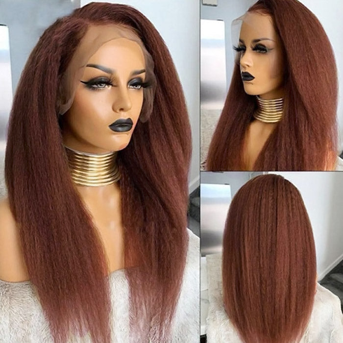 Kinky Straight Lace Front Wig Undetetable 13x4 HD Lace Wigs Reddish Brown Color