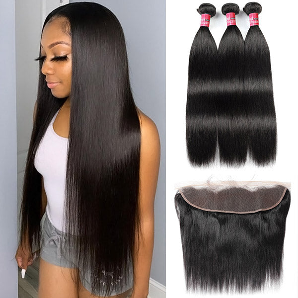 Straight Hair Bundles with Lace Frontal Closure Indian Human Hair 3 Bu ...