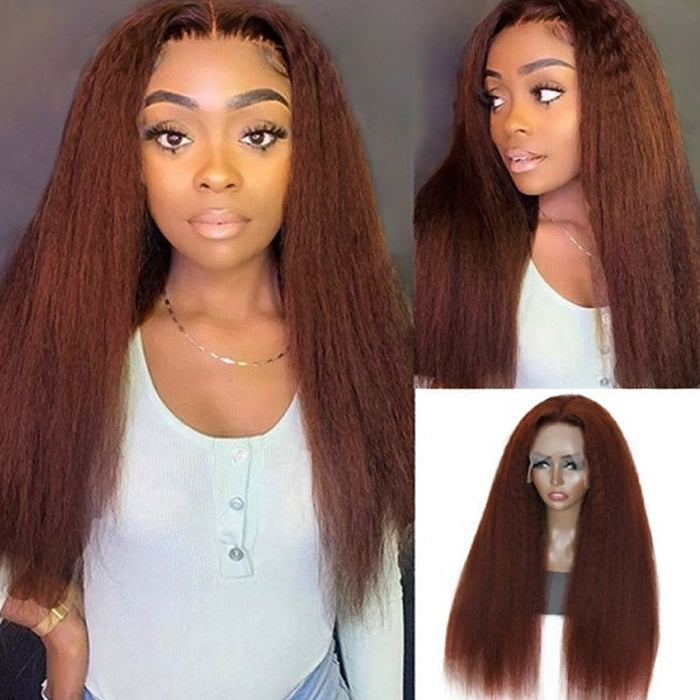 Kinky Straight Lace Front Wig Undetetable 13x4 HD Lace Wigs Reddish Brown Color