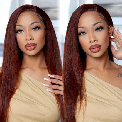 Kinky Straight Lace Front Wig Undetetable 13x4 HD Lace Wigs Reddish Brown Color