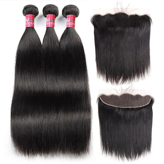 100% Brazilian Straight Hair 4 Bundles with 13*4 Lace Frontal