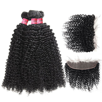 High Quality Virgin Curly Hair 3 Bundles With 13*4 Lace Frontal In Stock  Hair Color: Natural Black Color