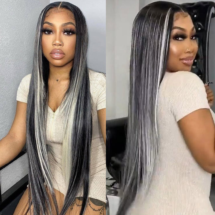 Silver Gray Straight Wigs 30 Inch 13x4 Straight Black Wigs With Gray Highlights Glueless Lace Front Wig