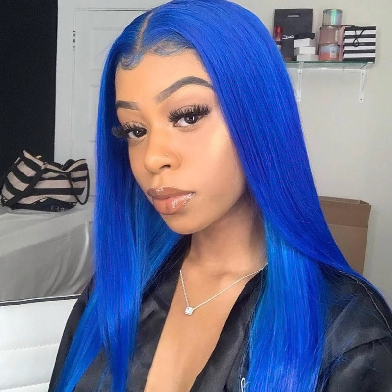 Blue Precolored Human Hair Wigs Straight Hair Wig 13x4 HD Lace Front Wig Glueless Wigs for Women