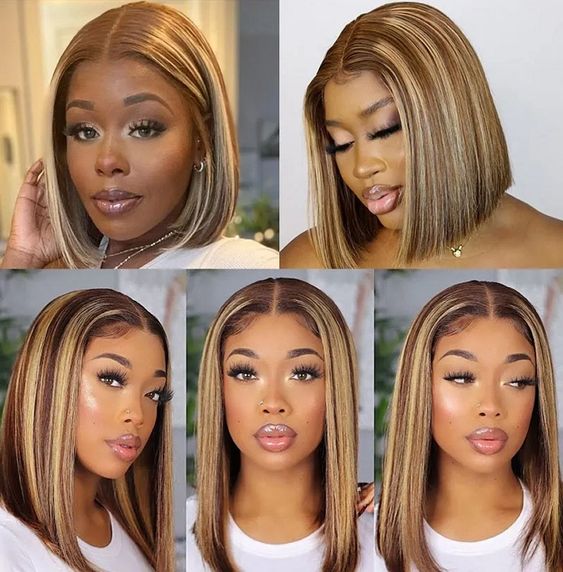 Honey Blonde Highlights Short Bob Lace Wig Straight Hair Glueless Human Hair Bob Wigs Pre Plucked