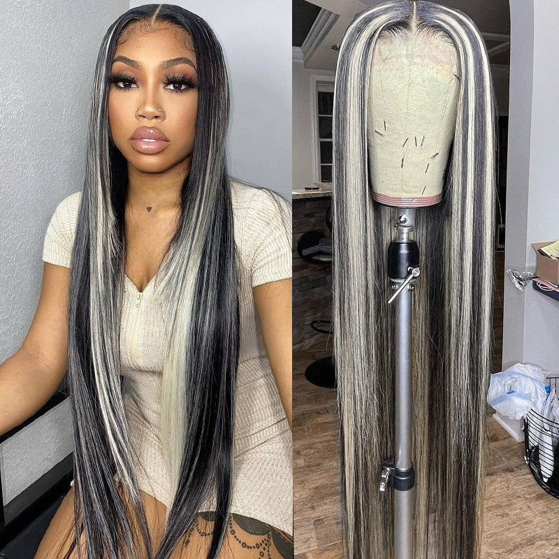 Silver Gray Straight Wigs 30 Inch 13x4 Straight Black Wigs With Gray Highlights Glueless Lace Front Wig