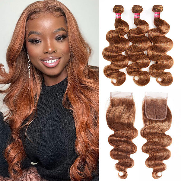 Brazilian Hair 4# Body Wave 3 Bundles With Lace Closure Colored Human Hair
