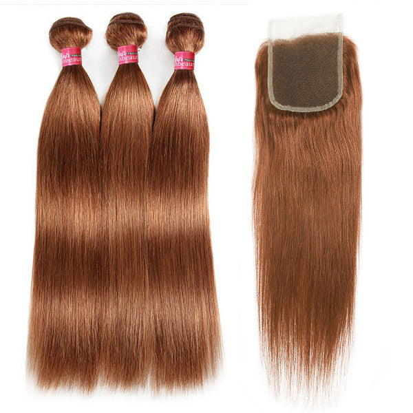 Bone Straight Human Hair With Lace Closure 3 Bundles With Closure 4# Color Hair Extensions