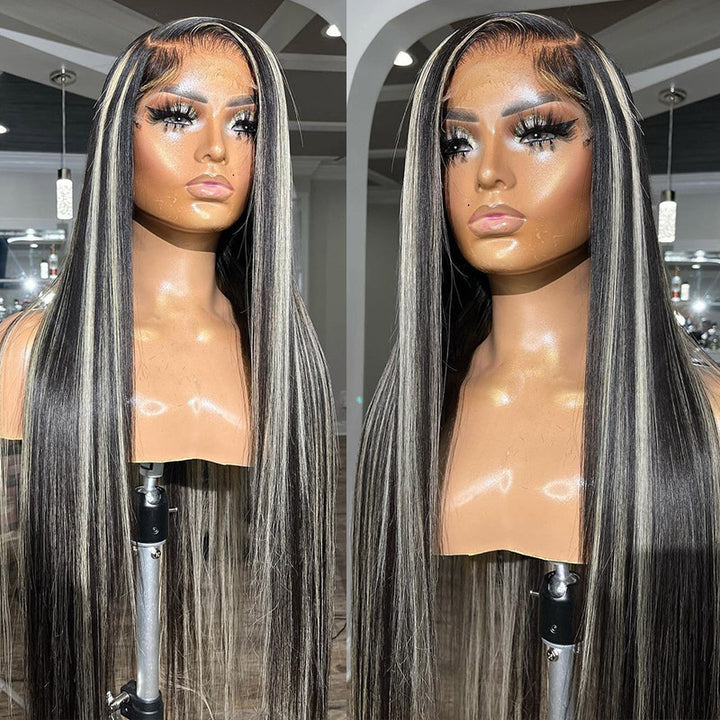 Silver Gray Straight Wigs 30 Inch 13x4 Straight Black Wigs With Gray Highlights Glueless Lace Front Wig