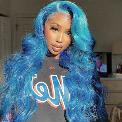 Sky Blue Lace Front Wig Body Wave 13x4 Lace Frontal Wig Preplucked Light Blue Colored Human Hair Wig