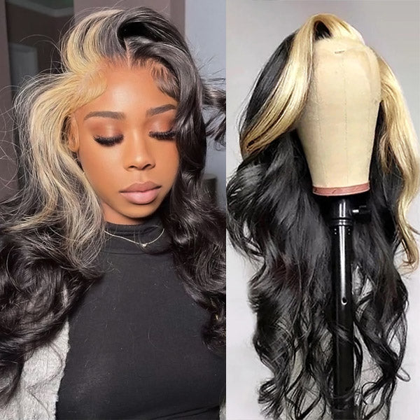 13x4 Lace Front Wig Skunk Stripe Wig with Honey Blonde Glueless Body Wave Human Hair Lace Frontal Wig