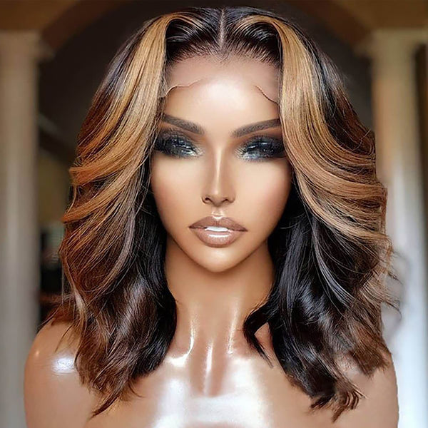 Glueless Highlight Wig 13x4 HD Lace Frontal Wig Body Wave Bob Wig Highlight Blonde Pre-plucked Short Human Hair