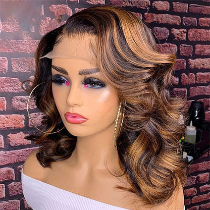 Glueless Highlight Wig 13x4 HD Lace Frontal Wig Body Wave Bob Wig Highlight Blonde Pre-plucked Short Human Hair