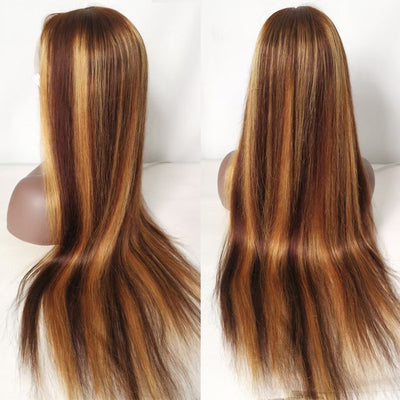 Straight Hair HD Lace Front Wigs Ombre Honey Blonde Highlight Human Hair Wigs P4/27 Color Glueless Wigs