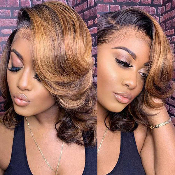 Glueless Highlight Wig 13x4 HD Lace Frontal Wig Body Wave Bob Wig Highlight Blonde Pre-plucked Short Human Hair