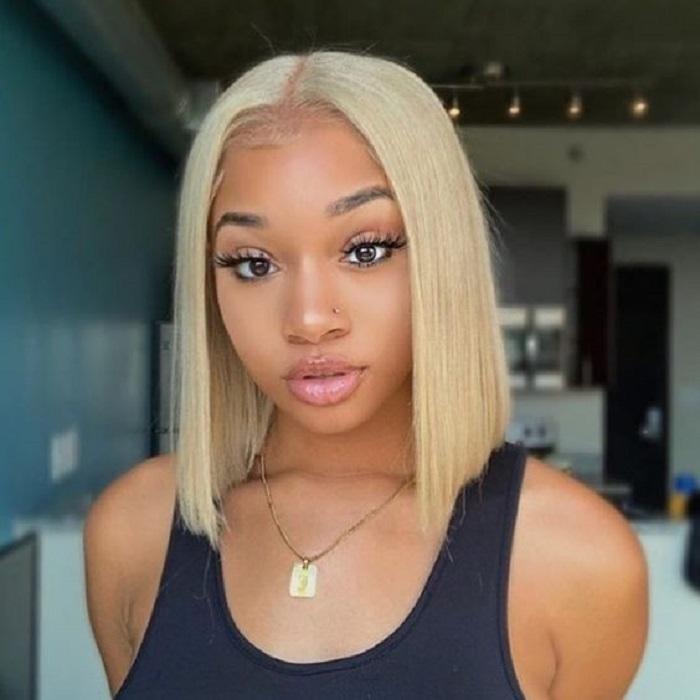 100% Virgin Human Hair Wigs,Blonde Bob Short Straight Lace Front Wig